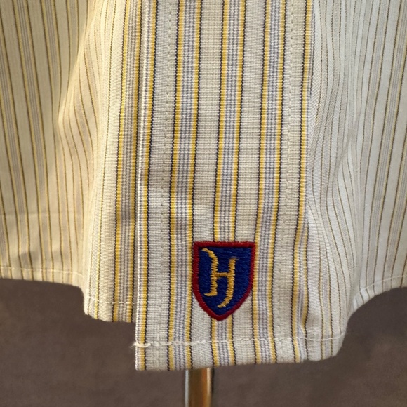 New Henry Jacobson Lg putty/ yellow stripe cotton hidden button down sport shirt - Picture 3 of 6